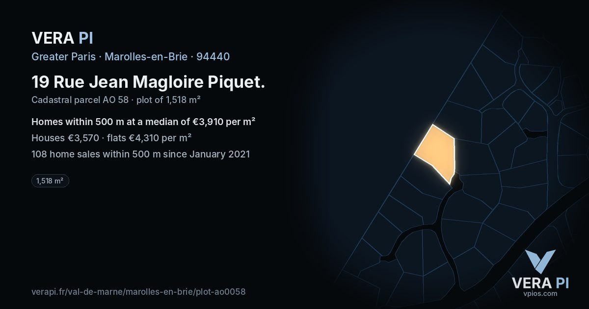 19 Rue Jean Magloire Piquet, Marolles-en-Brie at night – the plot lit, the parcels around coloured by the prices near them