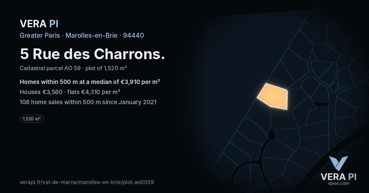 5 Rue des Charrons, Marolles-en-Brie at night – the plot lit, the parcels around coloured by the prices near them