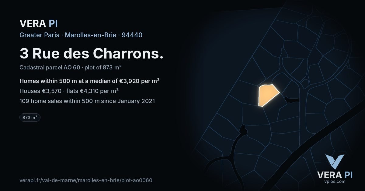 3 Rue des Charrons, Marolles-en-Brie at night – the plot lit, the parcels around coloured by the prices near them