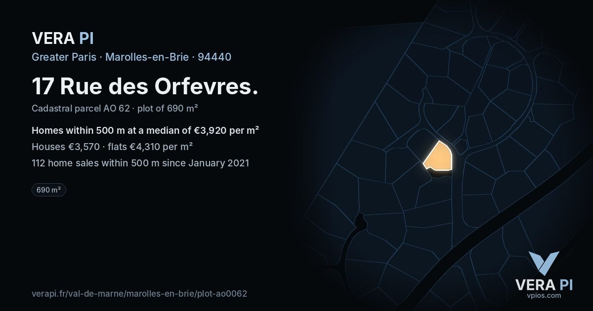17 Rue des Orfevres, Marolles-en-Brie at night – the plot lit, the parcels around coloured by the prices near them