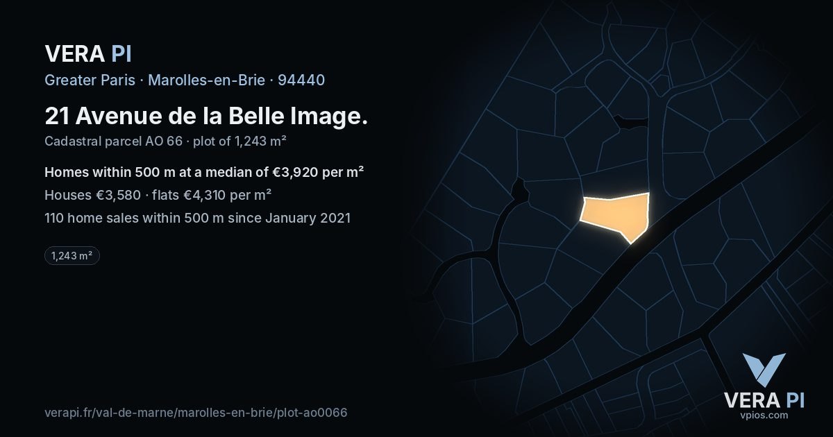 21 Avenue de la Belle Image, Marolles-en-Brie at night – the plot lit, the parcels around coloured by the prices near them