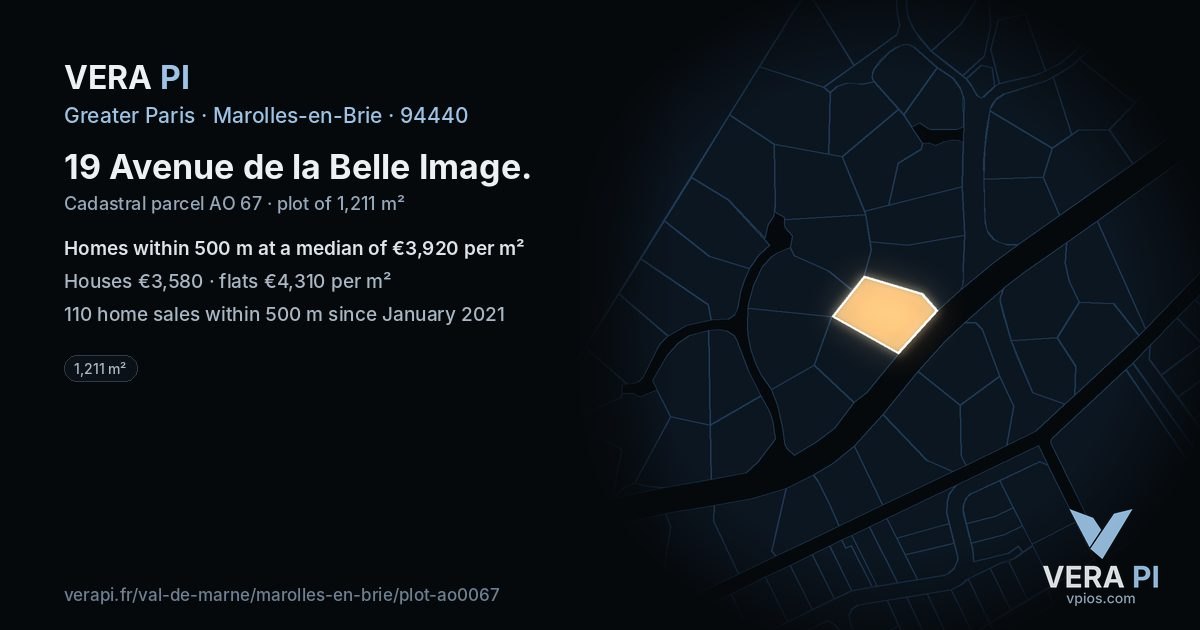 19 Avenue de la Belle Image, Marolles-en-Brie at night – the plot lit, the parcels around coloured by the prices near them