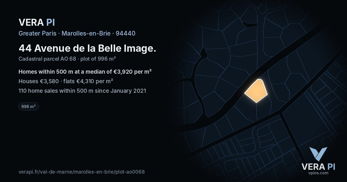 44 Avenue de la Belle Image, Marolles-en-Brie at night – the plot lit, the parcels around coloured by the prices near them