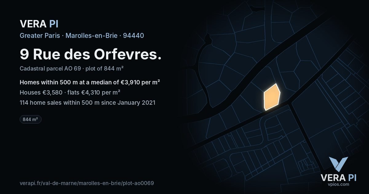 9 Rue des Orfevres, Marolles-en-Brie at night – the plot lit, the parcels around coloured by the prices near them