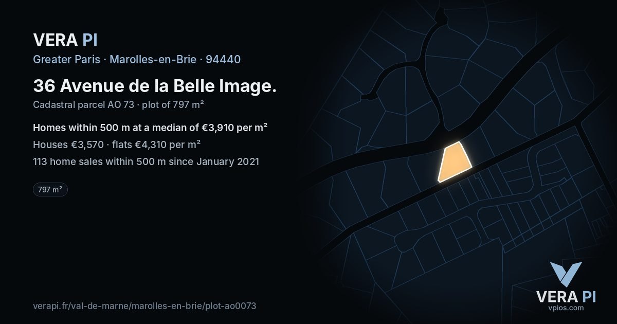 36 Avenue de la Belle Image, Marolles-en-Brie at night – the plot lit, the parcels around coloured by the prices near them