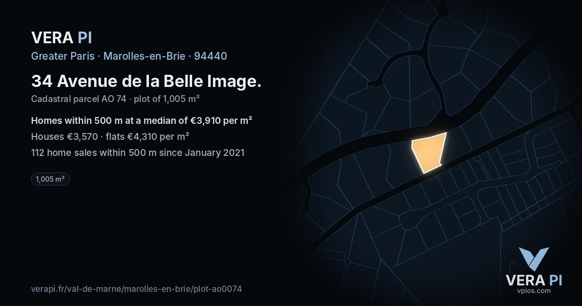 34 Avenue de la Belle Image, Marolles-en-Brie at night – the plot lit, the parcels around coloured by the prices near them