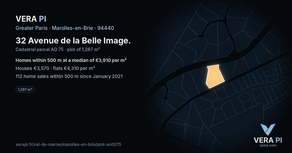 32 Avenue de la Belle Image, Marolles-en-Brie at night – the plot lit, the parcels around coloured by the prices near them