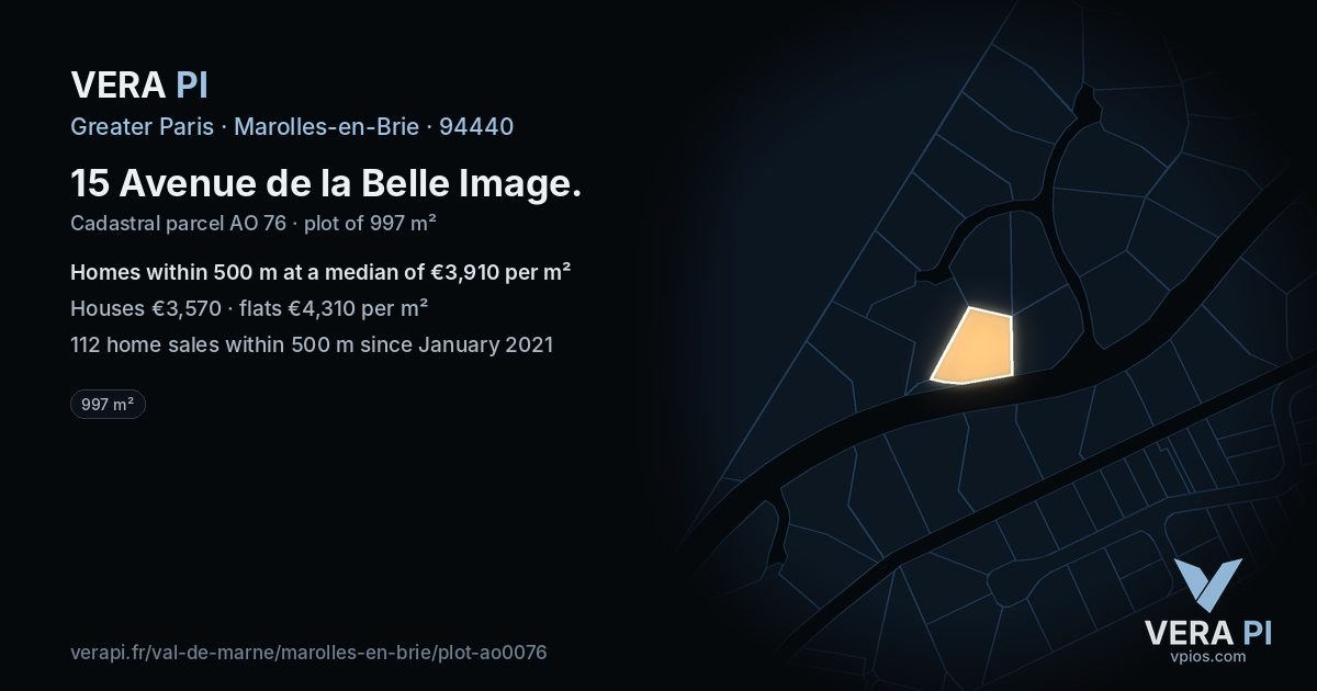 15 Avenue de la Belle Image, Marolles-en-Brie at night – the plot lit, the parcels around coloured by the prices near them