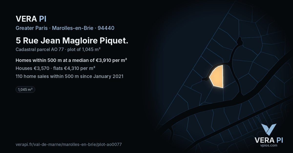 5 Rue Jean Magloire Piquet, Marolles-en-Brie at night – the plot lit, the parcels around coloured by the prices near them