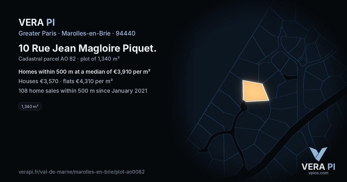 10 Rue Jean Magloire Piquet, Marolles-en-Brie at night – the plot lit, the parcels around coloured by the prices near them