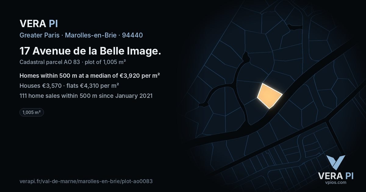 17 Avenue de la Belle Image, Marolles-en-Brie at night – the plot lit, the parcels around coloured by the prices near them