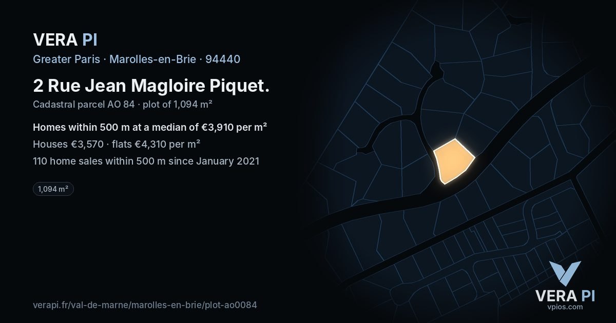 2 Rue Jean Magloire Piquet, Marolles-en-Brie at night – the plot lit, the parcels around coloured by the prices near them