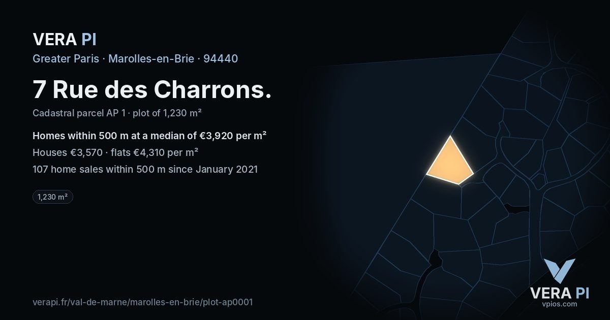 7 Rue des Charrons, Marolles-en-Brie at night – the plot lit, the parcels around coloured by the prices near them