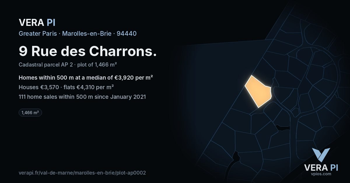 9 Rue des Charrons, Marolles-en-Brie at night – the plot lit, the parcels around coloured by the prices near them