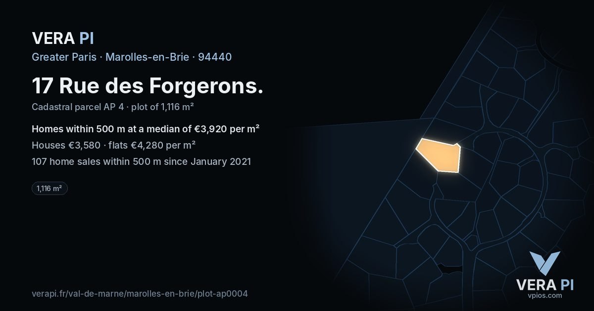 17 Rue des Forgerons, Marolles-en-Brie at night – the plot lit, the parcels around coloured by the prices near them