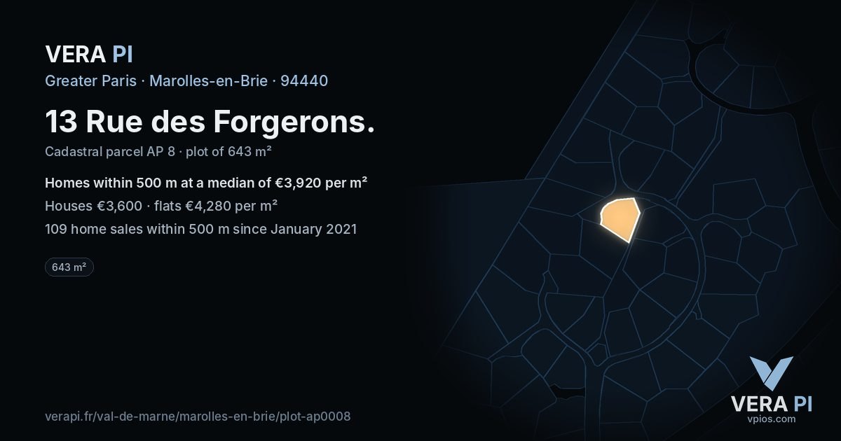 13 Rue des Forgerons, Marolles-en-Brie at night – the plot lit, the parcels around coloured by the prices near them