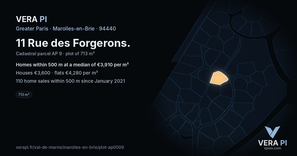 11 Rue des Forgerons, Marolles-en-Brie at night – the plot lit, the parcels around coloured by the prices near them