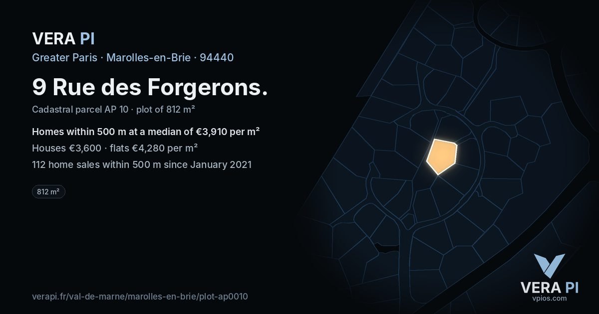 9 Rue des Forgerons, Marolles-en-Brie at night – the plot lit, the parcels around coloured by the prices near them