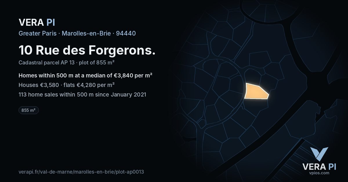 10 Rue des Forgerons, Marolles-en-Brie at night – the plot lit, the parcels around coloured by the prices near them