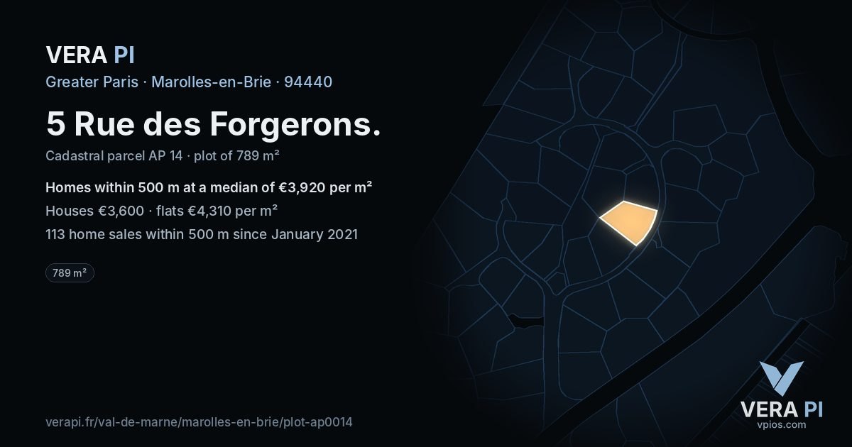 5 Rue des Forgerons, Marolles-en-Brie at night – the plot lit, the parcels around coloured by the prices near them