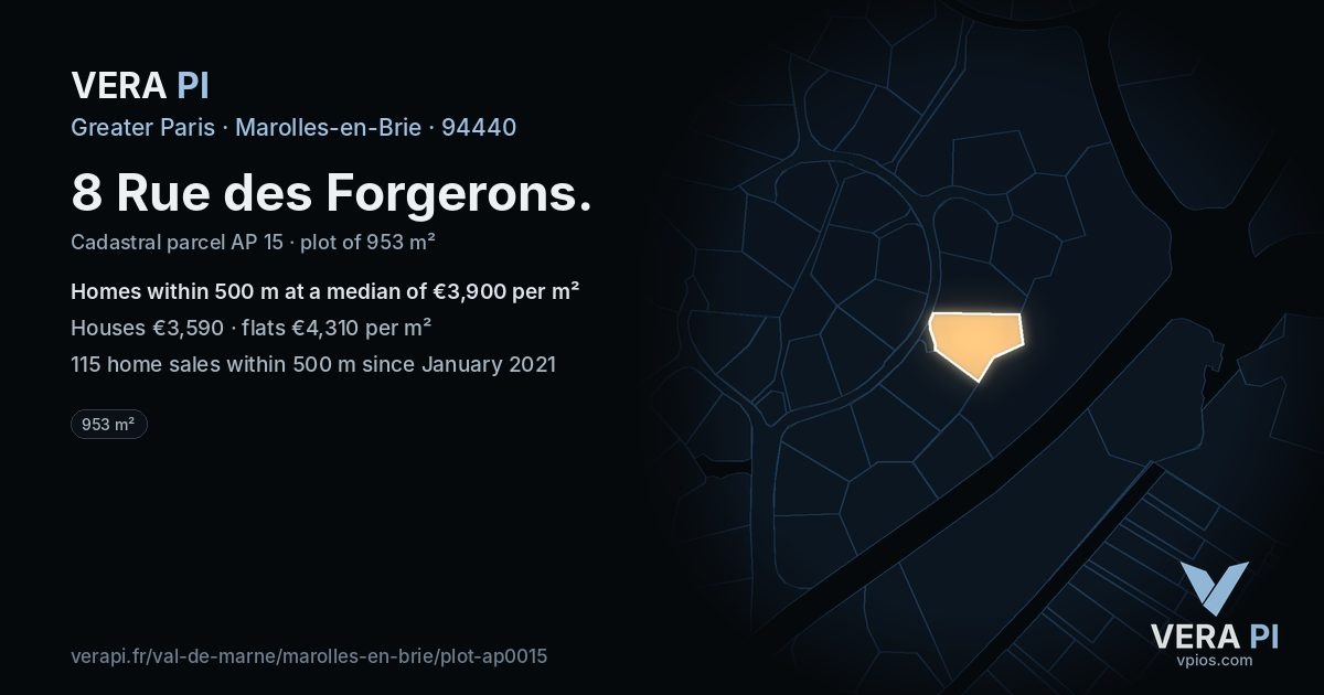 8 Rue des Forgerons, Marolles-en-Brie at night – the plot lit, the parcels around coloured by the prices near them