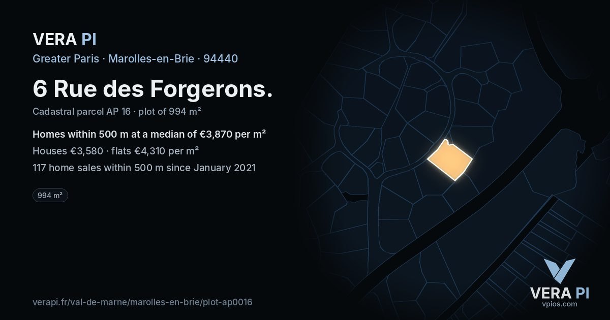 6 Rue des Forgerons, Marolles-en-Brie at night – the plot lit, the parcels around coloured by the prices near them