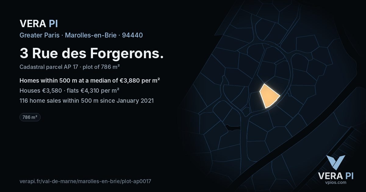 3 Rue des Forgerons, Marolles-en-Brie at night – the plot lit, the parcels around coloured by the prices near them