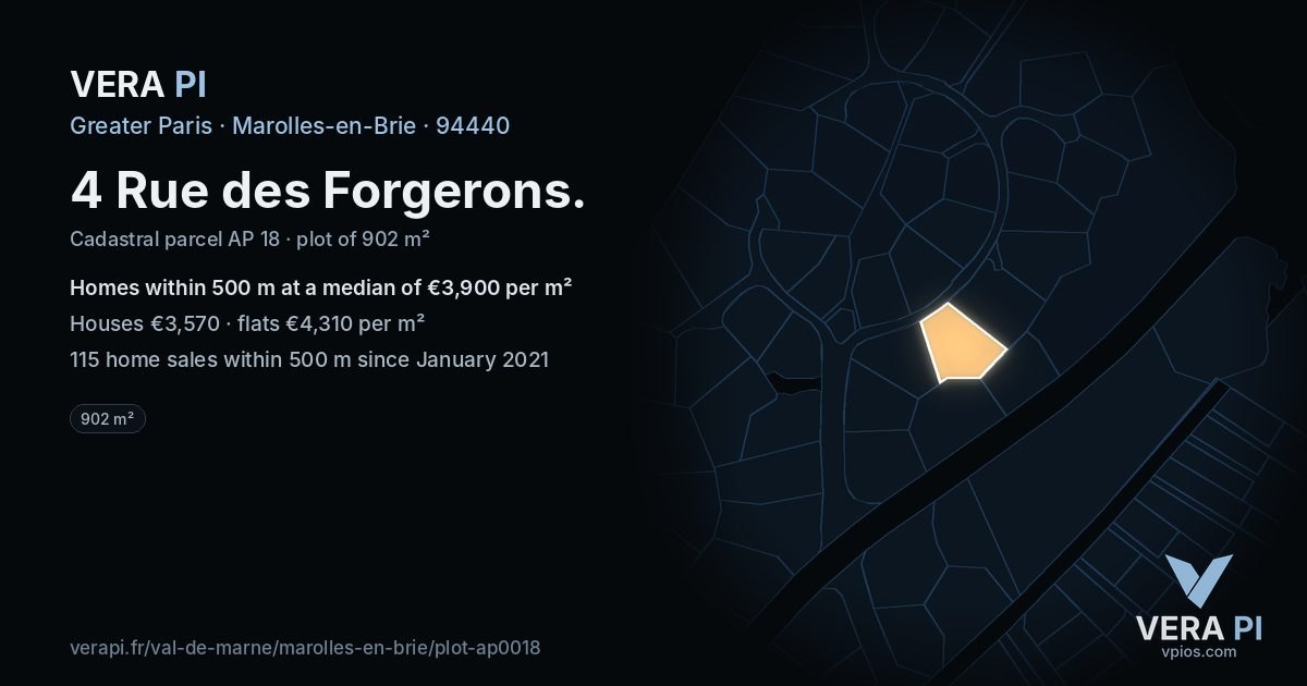 4 Rue des Forgerons, Marolles-en-Brie at night – the plot lit, the parcels around coloured by the prices near them