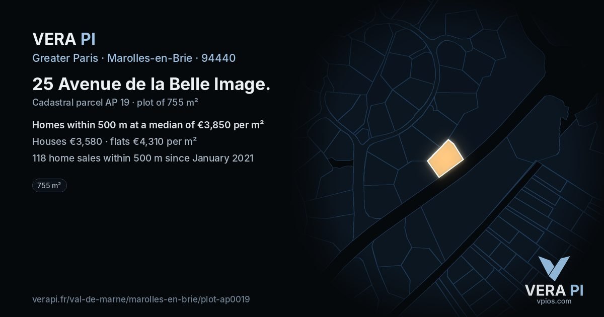 25 Avenue de la Belle Image, Marolles-en-Brie at night – the plot lit, the parcels around coloured by the prices near them