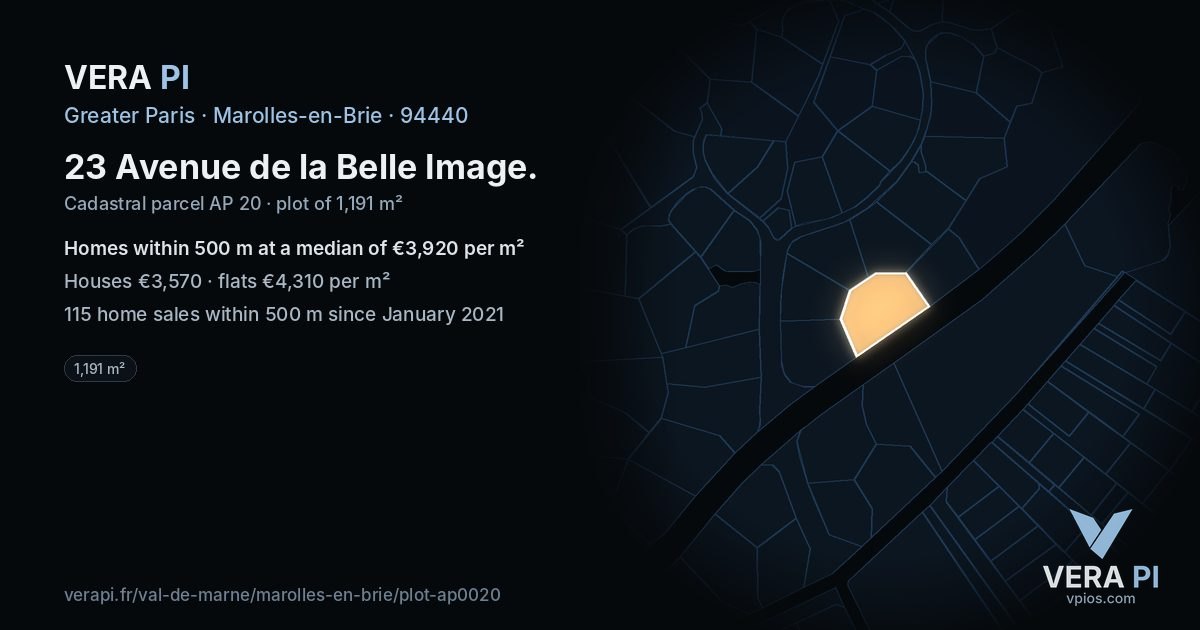 23 Avenue de la Belle Image, Marolles-en-Brie at night – the plot lit, the parcels around coloured by the prices near them