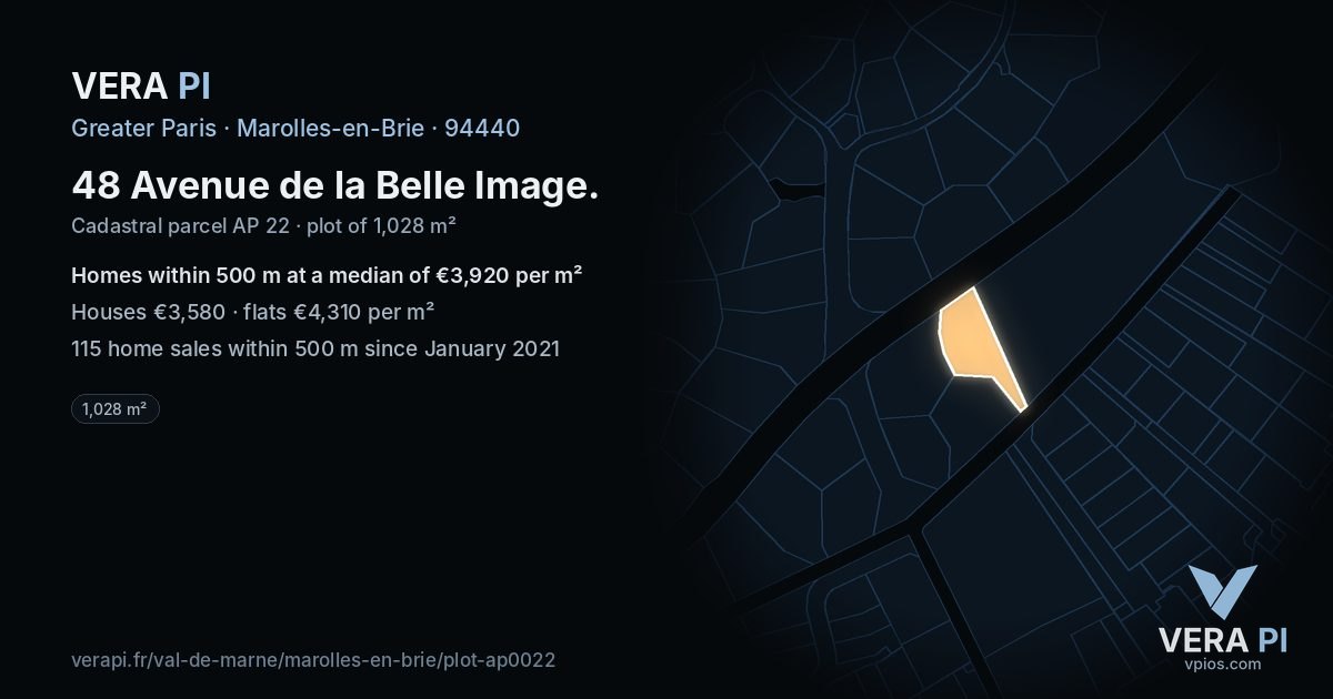 48 Avenue de la Belle Image, Marolles-en-Brie at night – the plot lit, the parcels around coloured by the prices near them