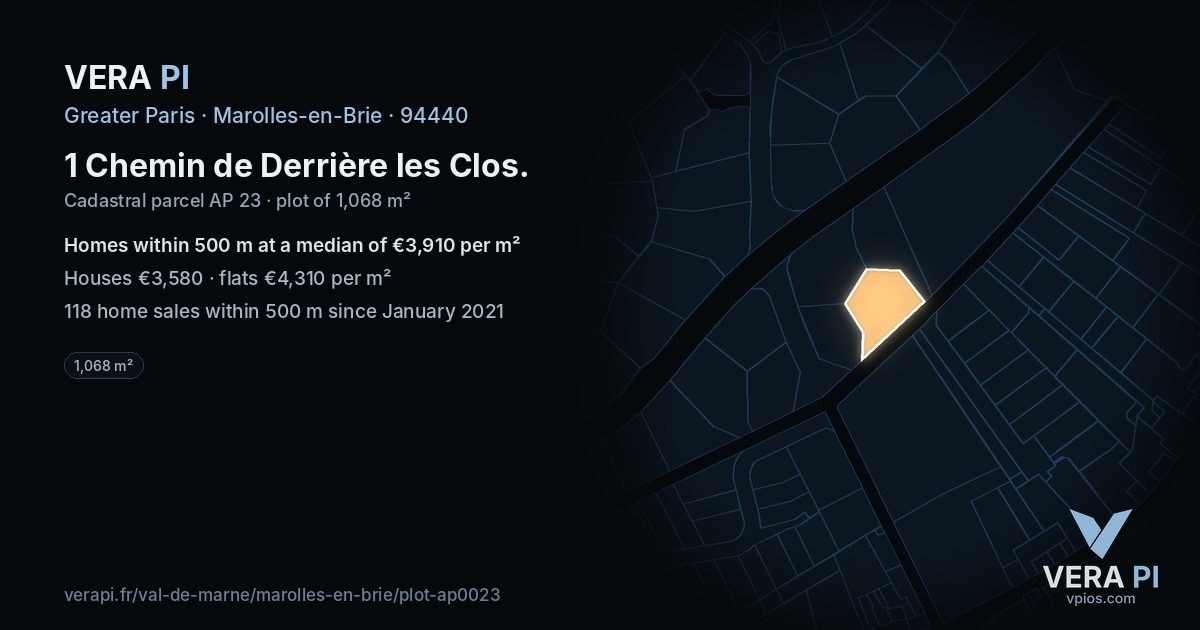 1 Chemin de Derrière les Clos, Marolles-en-Brie at night – the plot lit, the parcels around coloured by the prices near them