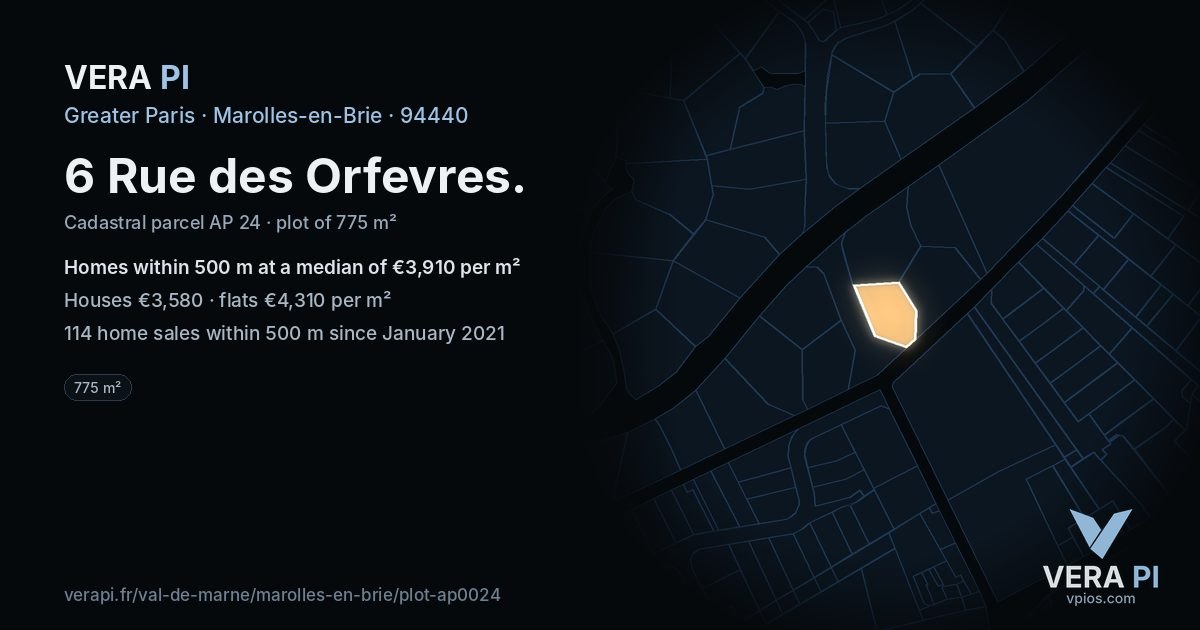 6 Rue des Orfevres, Marolles-en-Brie at night – the plot lit, the parcels around coloured by the prices near them