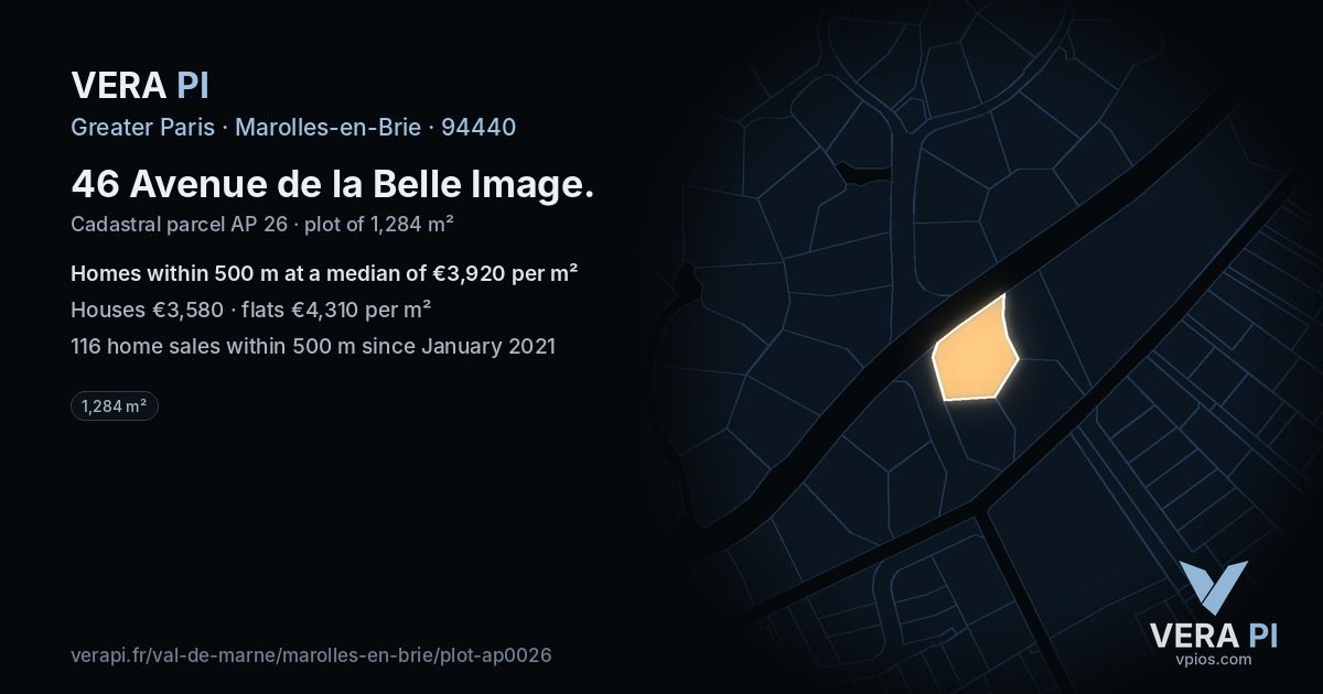 46 Avenue de la Belle Image, Marolles-en-Brie at night – the plot lit, the parcels around coloured by the prices near them