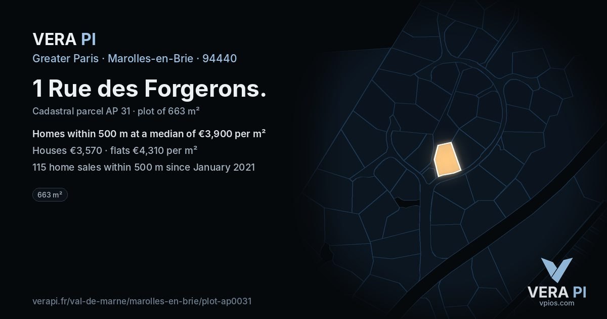 1 Rue des Forgerons, Marolles-en-Brie at night – the plot lit, the parcels around coloured by the prices near them