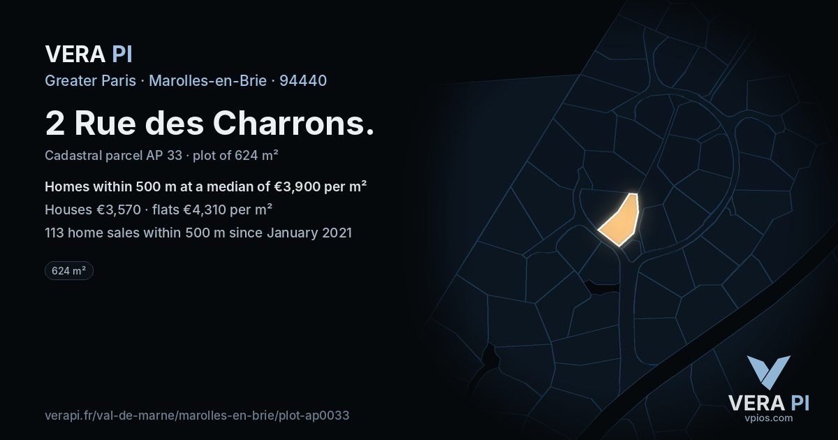 2 Rue des Charrons, Marolles-en-Brie at night – the plot lit, the parcels around coloured by the prices near them