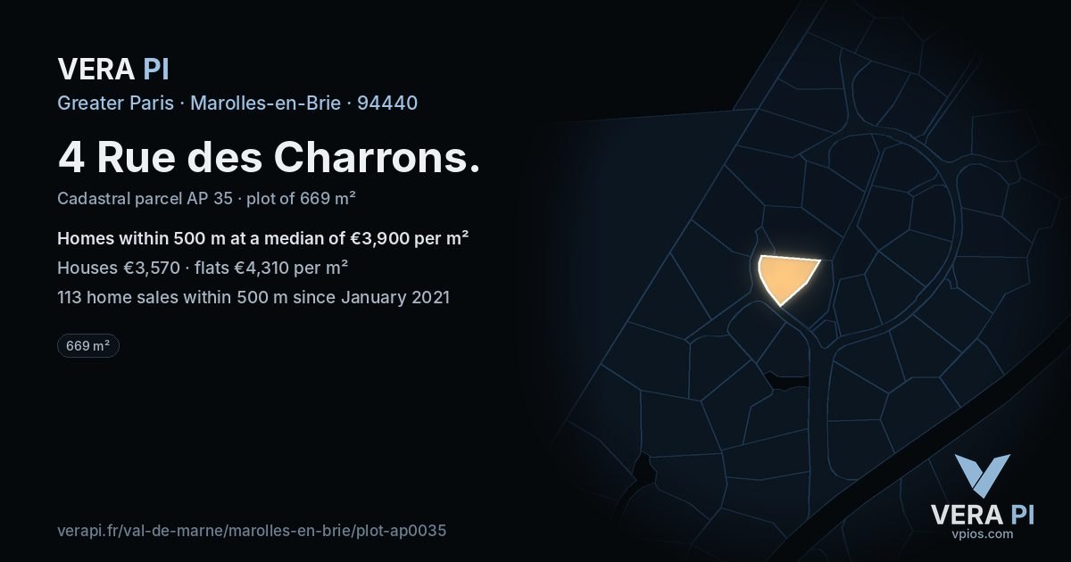 4 Rue des Charrons, Marolles-en-Brie at night – the plot lit, the parcels around coloured by the prices near them