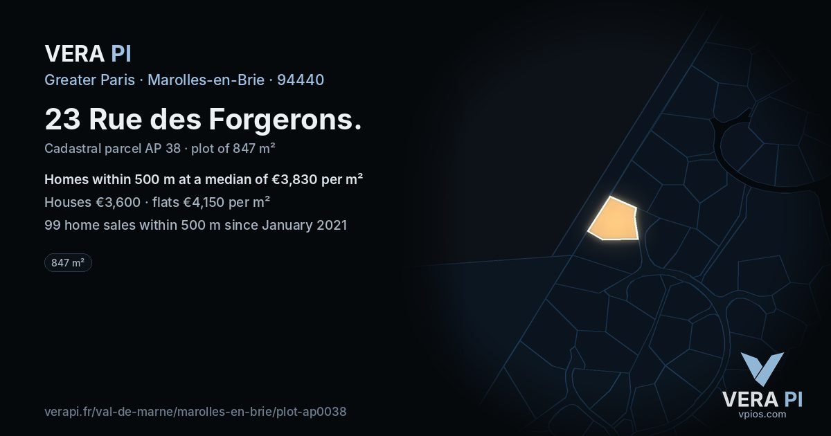 23 Rue des Forgerons, Marolles-en-Brie at night – the plot lit, the parcels around coloured by the prices near them