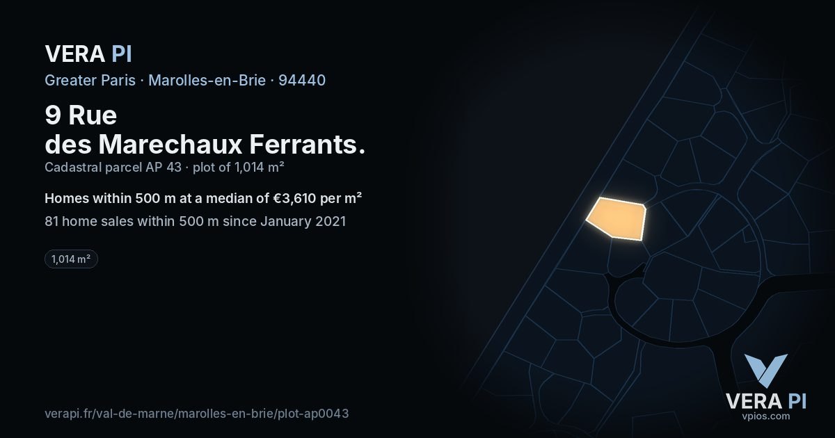 9 Rue des Marechaux Ferrants, Marolles-en-Brie at night – the plot lit, the parcels around coloured by the prices near them