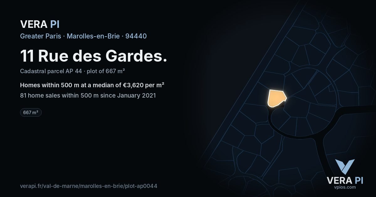 11 Rue des Gardes, Marolles-en-Brie at night – the plot lit, the parcels around coloured by the prices near them
