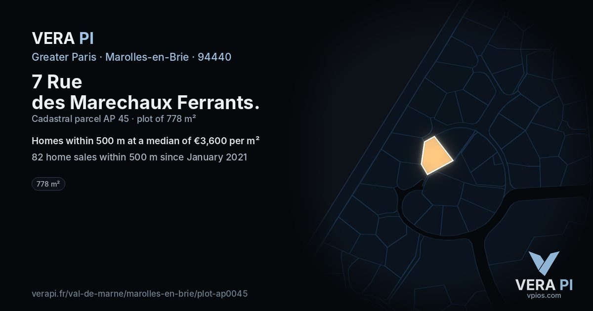 7 Rue des Marechaux Ferrants, Marolles-en-Brie at night – the plot lit, the parcels around coloured by the prices near them