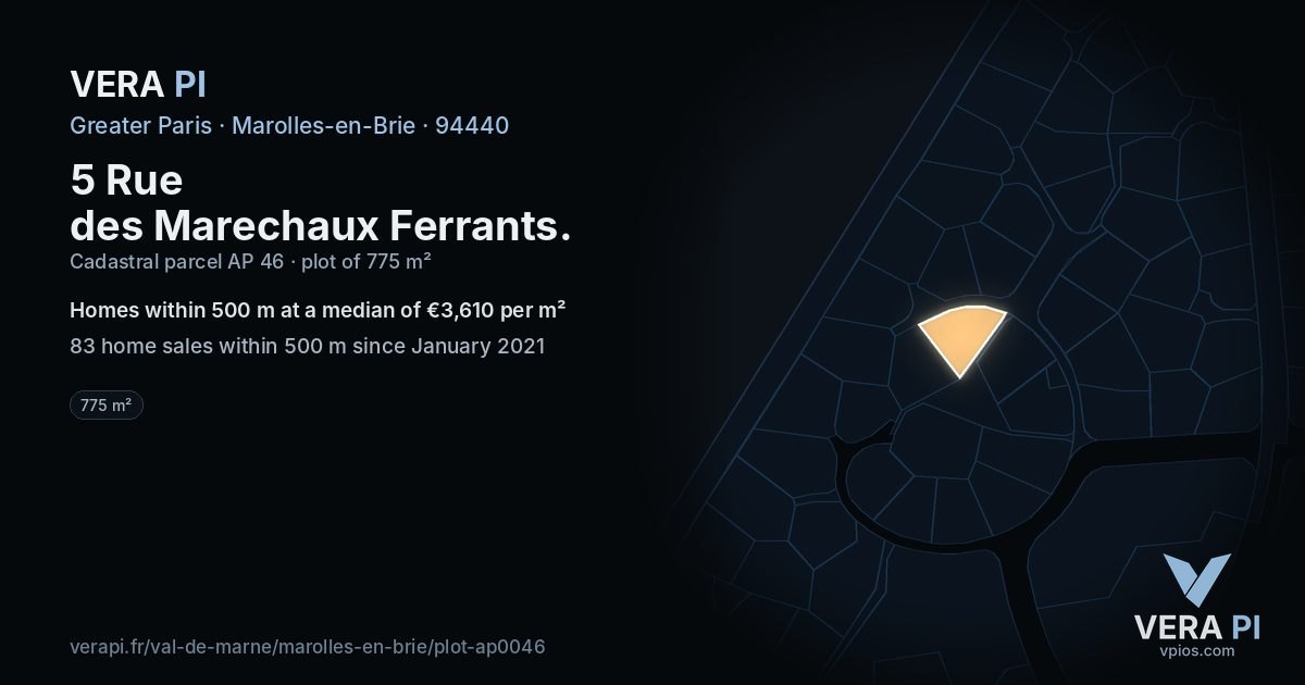5 Rue des Marechaux Ferrants, Marolles-en-Brie at night – the plot lit, the parcels around coloured by the prices near them