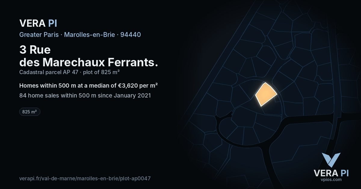 3 Rue des Marechaux Ferrants, Marolles-en-Brie at night – the plot lit, the parcels around coloured by the prices near them