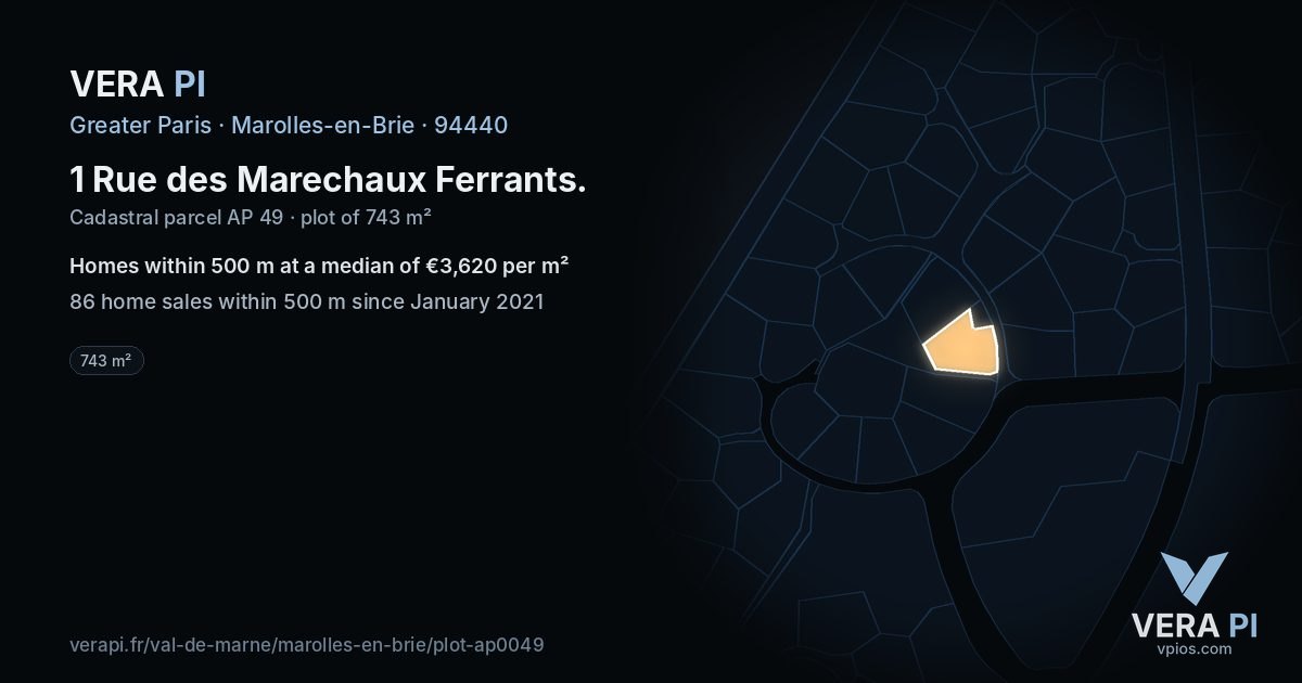 1 Rue des Marechaux Ferrants, Marolles-en-Brie at night – the plot lit, the parcels around coloured by the prices near them
