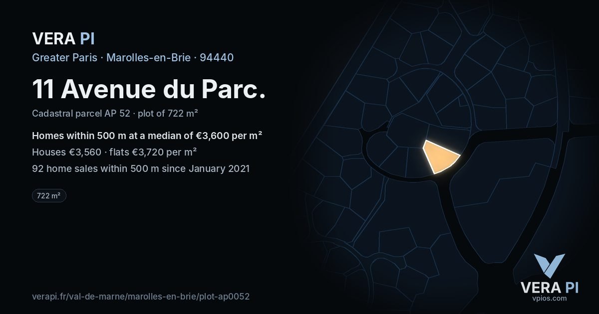 11 Avenue du Parc, Marolles-en-Brie at night – the plot lit, the parcels around coloured by the prices near them