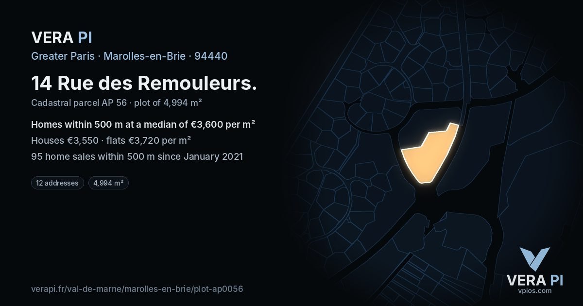 14 Rue des Remouleurs, Marolles-en-Brie at night – the plot lit, the parcels around coloured by the prices near them