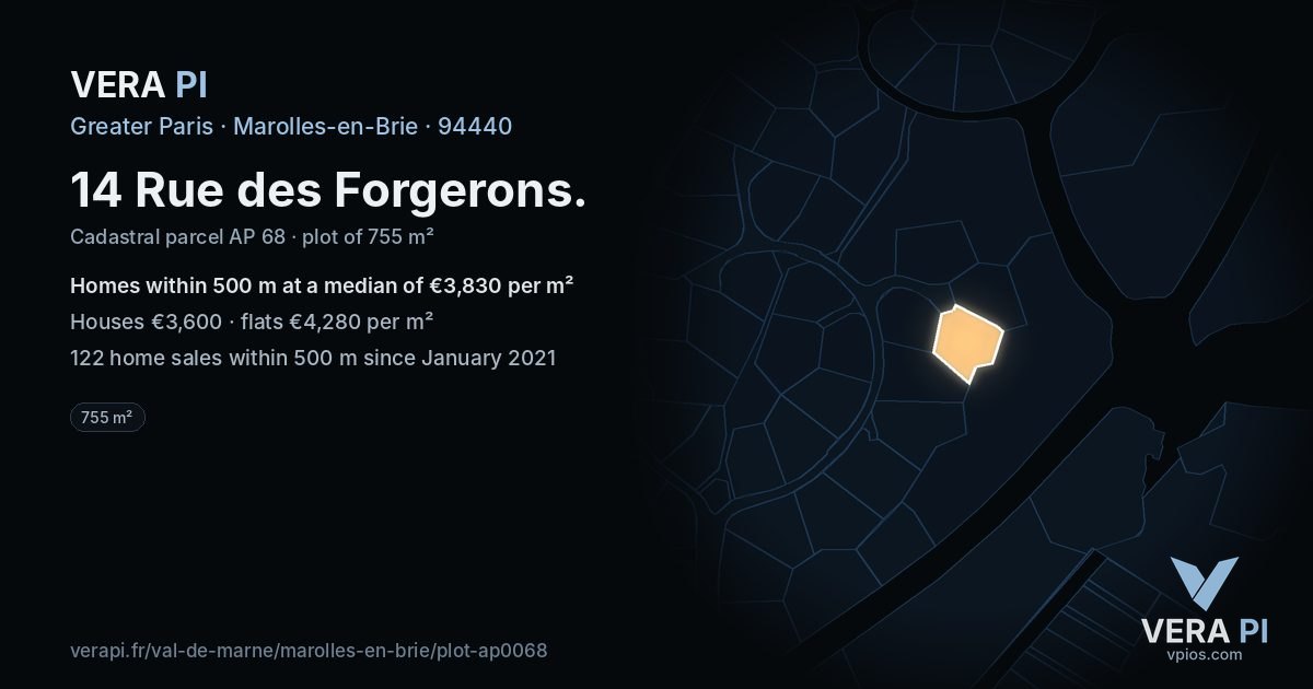 14 Rue des Forgerons, Marolles-en-Brie at night – the plot lit, the parcels around coloured by the prices near them