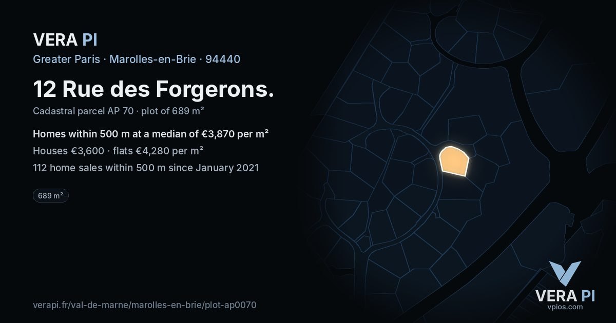 12 Rue des Forgerons, Marolles-en-Brie at night – the plot lit, the parcels around coloured by the prices near them