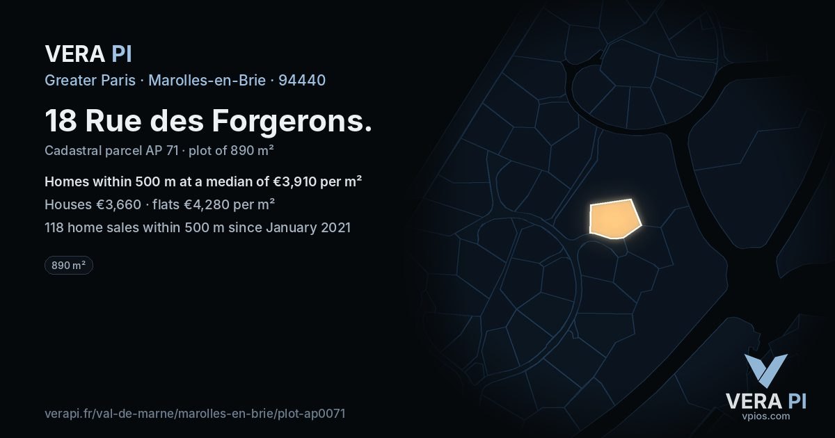 18 Rue des Forgerons, Marolles-en-Brie at night – the plot lit, the parcels around coloured by the prices near them