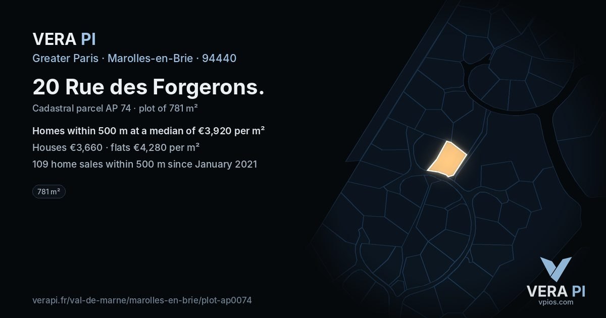 20 Rue des Forgerons, Marolles-en-Brie at night – the plot lit, the parcels around coloured by the prices near them